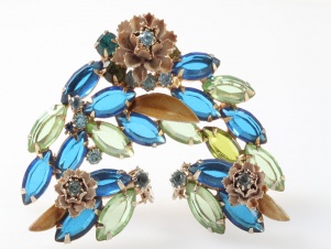 Blue and green navette floral brooch earrings - unsigned Alice Caviness