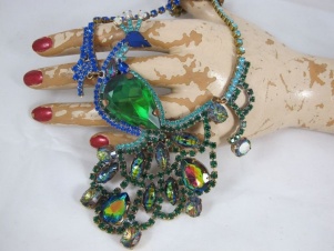 Watermelon rivoli glass statement peacock necklace