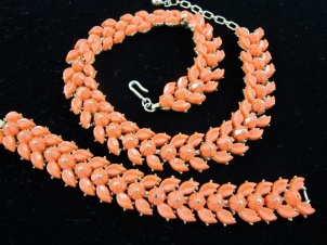 Vintage signed Trifari coral thermoset necklace bracelet set