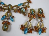 Unique aqua and amber bow vintage necklace earring set