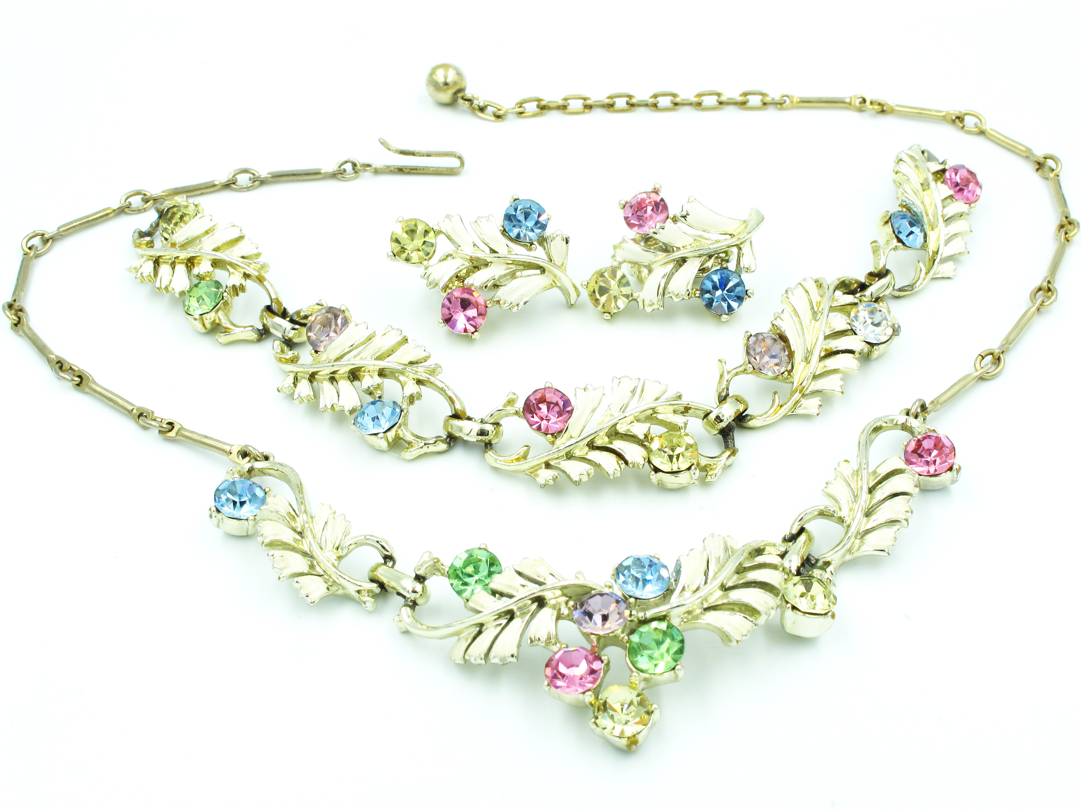 Vintage 1950s cream enamel pastel rhinestone jewelry set by